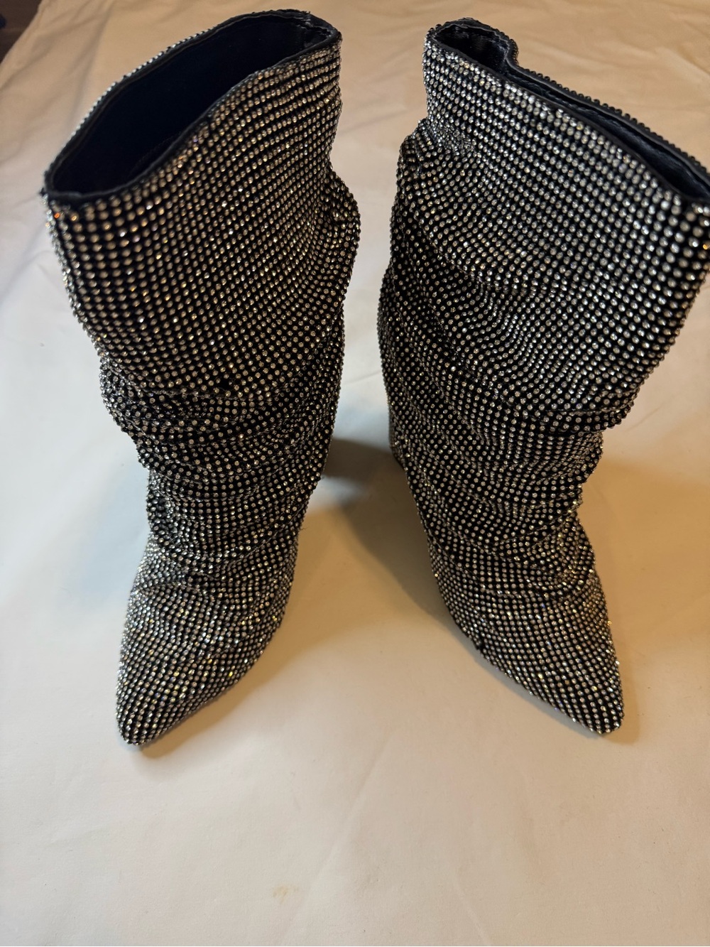 Crystal-Embellished Black Slouchy Pointed-Toe Heeled Boots